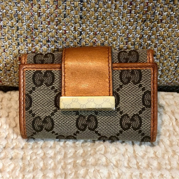GUCCI GG Monogram Canvas Burned Orange Leather Trifold Key Holder Card Holder - Picture 1 of 16